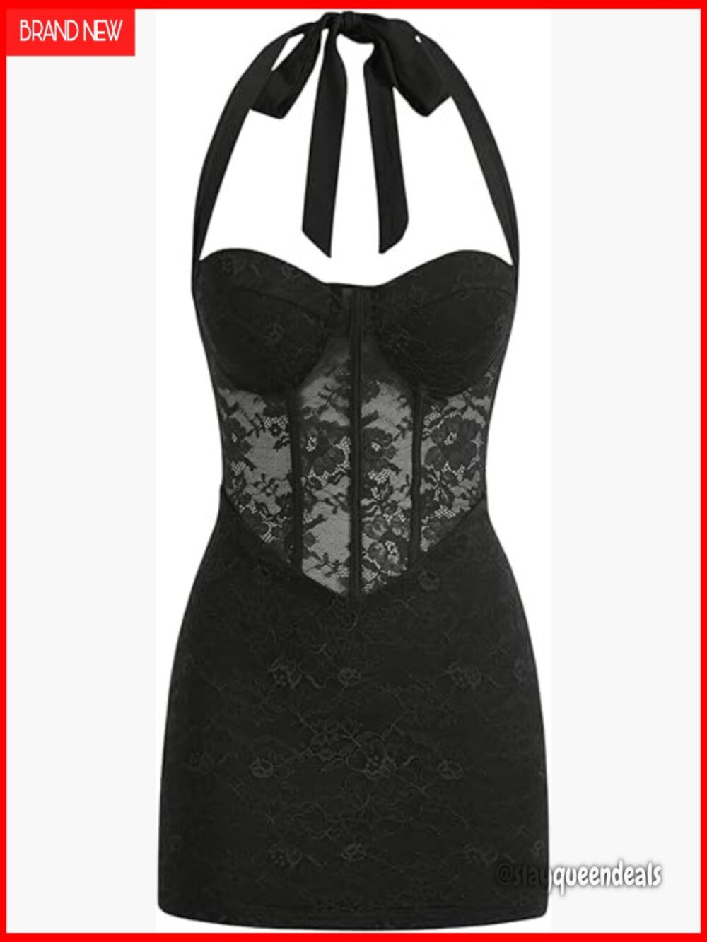 Sleeveless Contrast Lace Halter Bodycon Mini Dress Tie Back Party